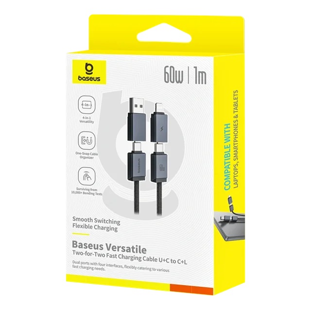 کابل شارژ سریع چندمنظوره (دو به دو) باسئوس ۶۰ وات (ورودی USB و Type-C، خروجی Type-C و Lightning)