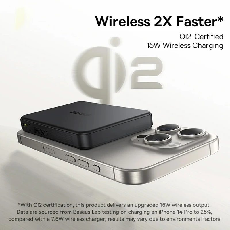 پاوربانک بی‌سیم 22.5 وات بیسوس مدل Airpow Ⅱ Qi2 Magnetic ظرفیت 10000 میلی‌آمپر ساعت